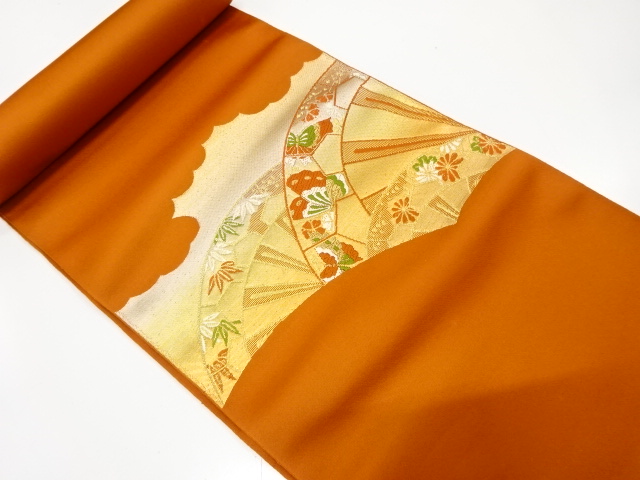 アンティーク　片輪車に花・蝶模様織り出し　名古屋帯地反物